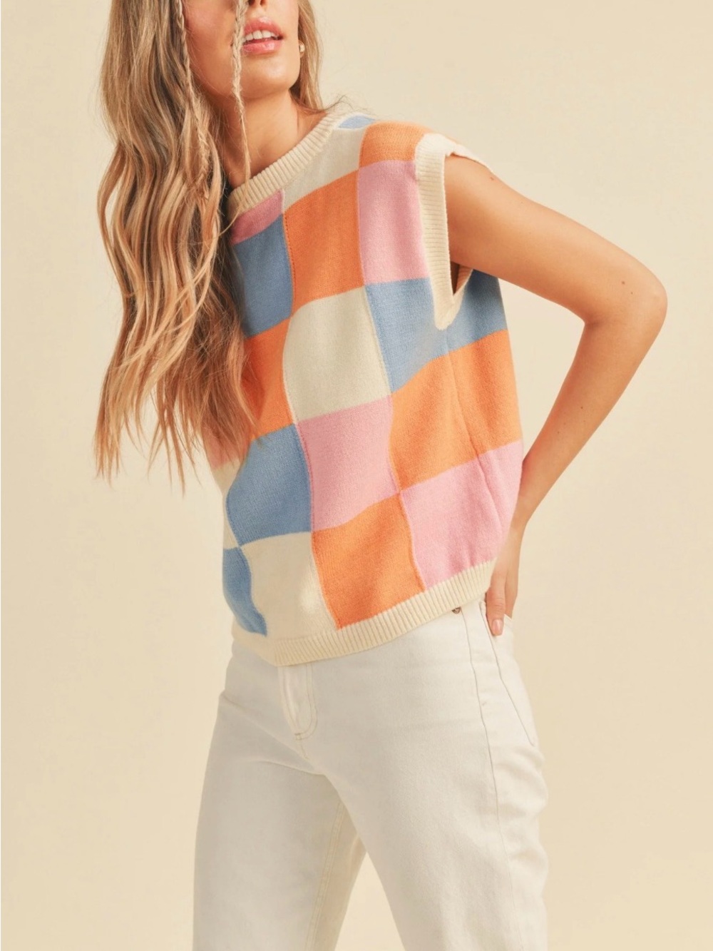 Checkered Sweater Vest - Blue/Orange Multi